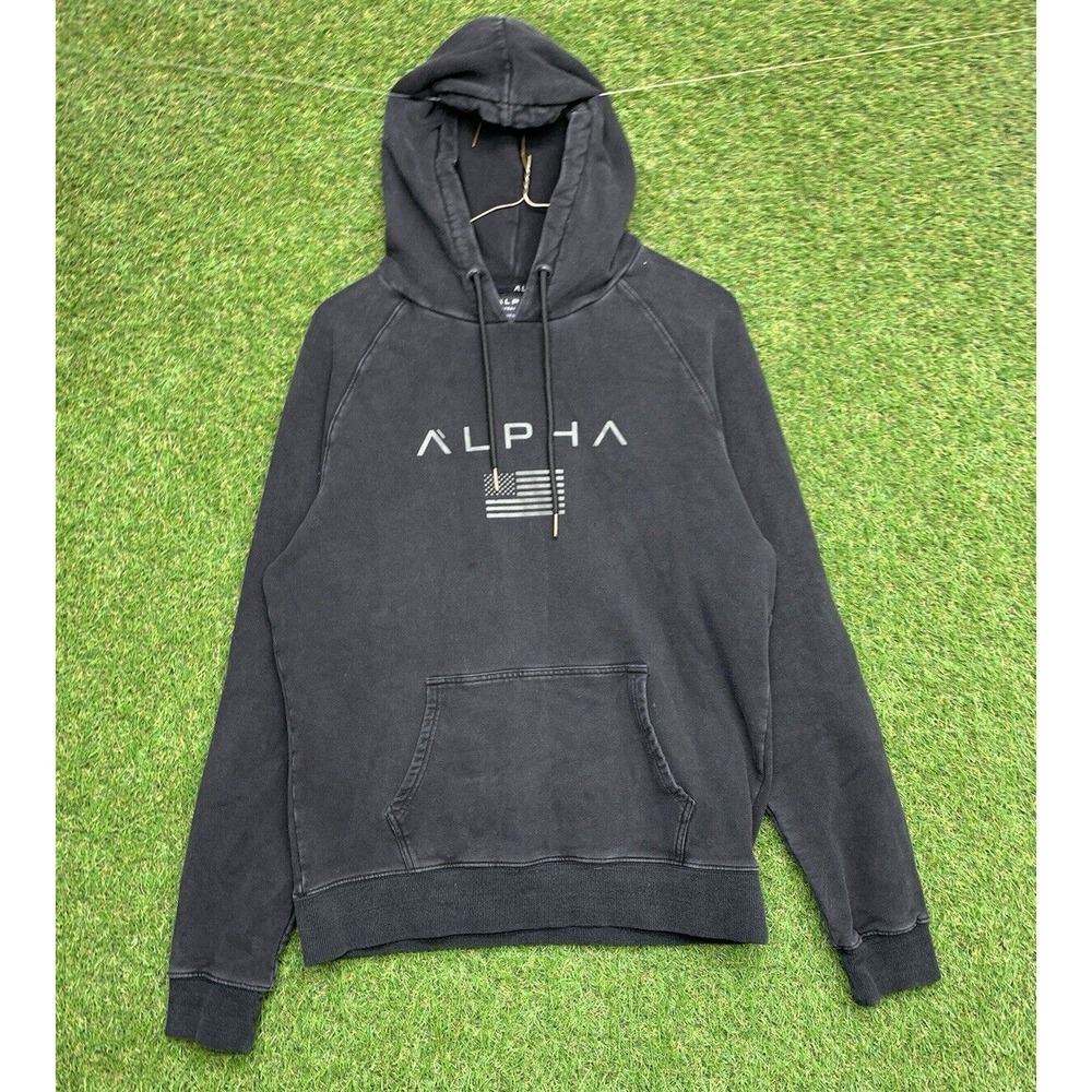 ALPHA  Comfort Fleece Hoodie Sweatshirt Mens Medium Gray Center Logo Pullover